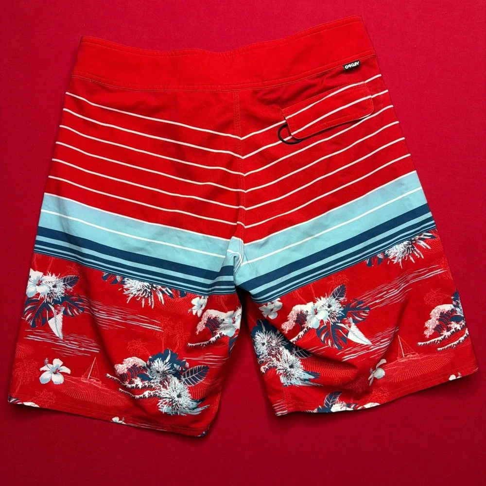 SURF Oakley Mens Board Shorts Red Striped Tropical Floral Swim Trunks Size 31